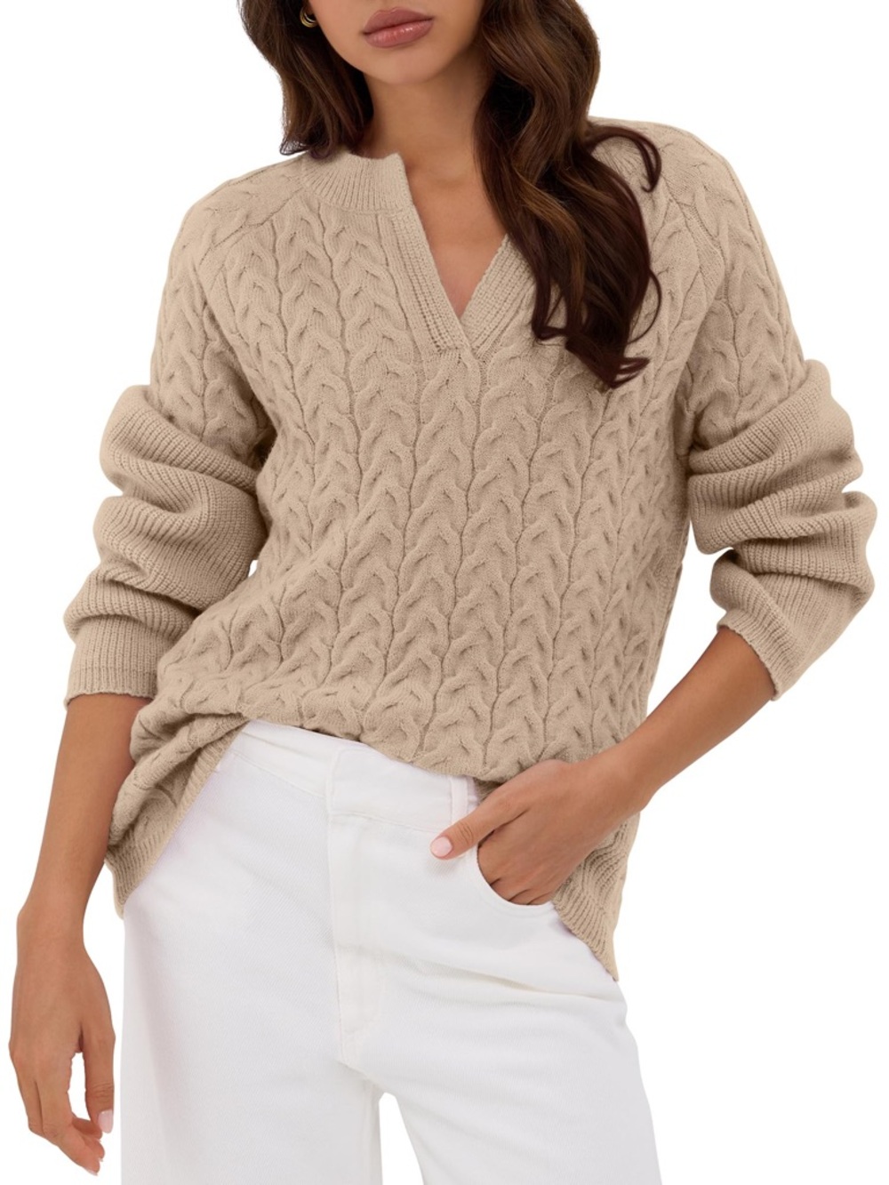Zaful Beige Cable Knit V-Neck Sweater